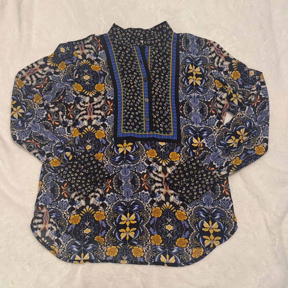 LOFT Petite Mixed Print Long Sleeve Blouse Navy Yellow Size PS